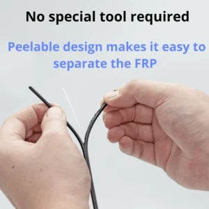 Rayoptic ROC flat drop cable shown with its FRP strength member easily peeled back by hand, illustrating the cable’s tool-free, time-saving design.