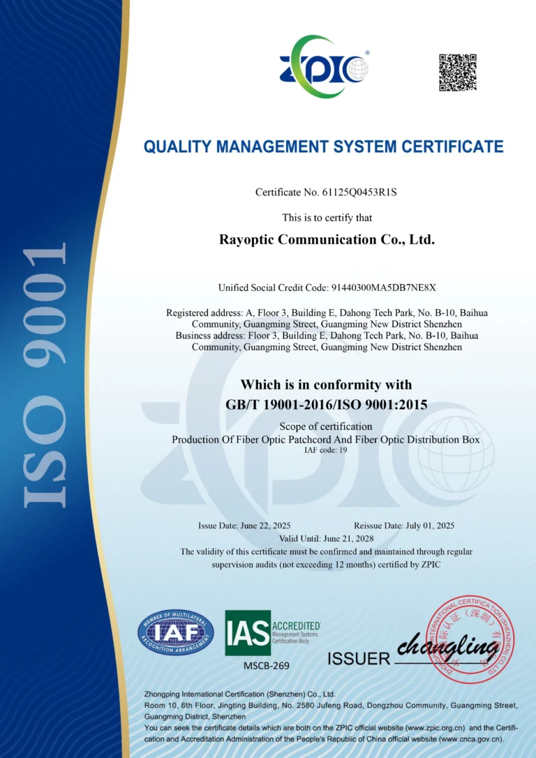 A QUALITY MANAGEMENT SYSTEM CERTIFICATE for Rayopticom