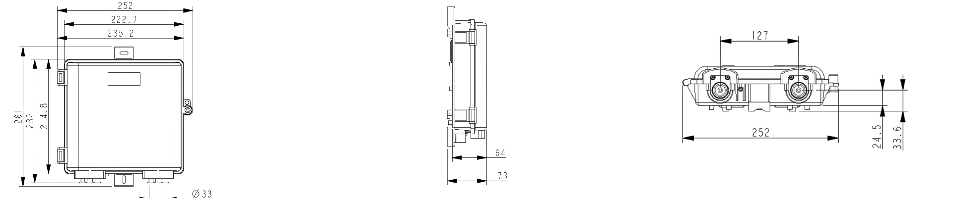 Technical drawing of Fiber NID outdoor enclosure with front, side, and top views including detailed dimensions.