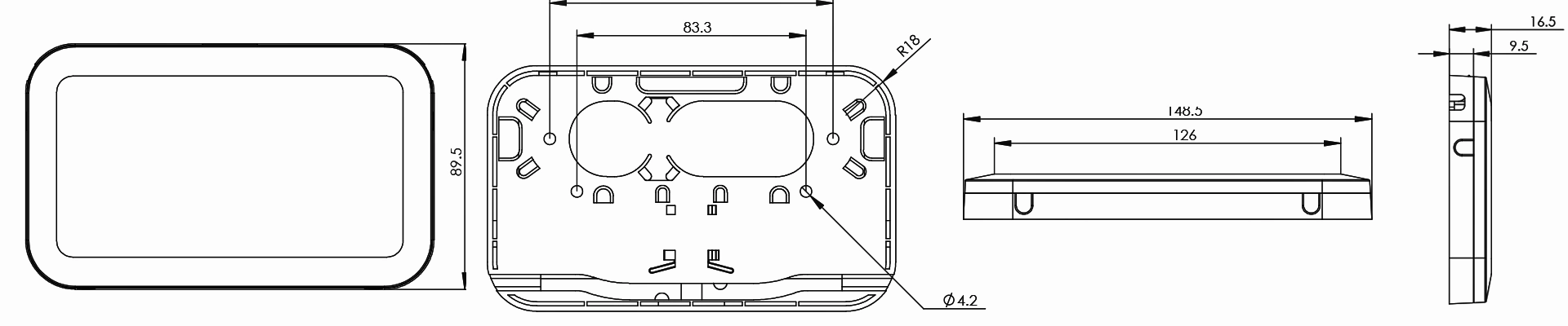 Technical drawing of FTTH fiber optic wall outlet box by Rayoptic