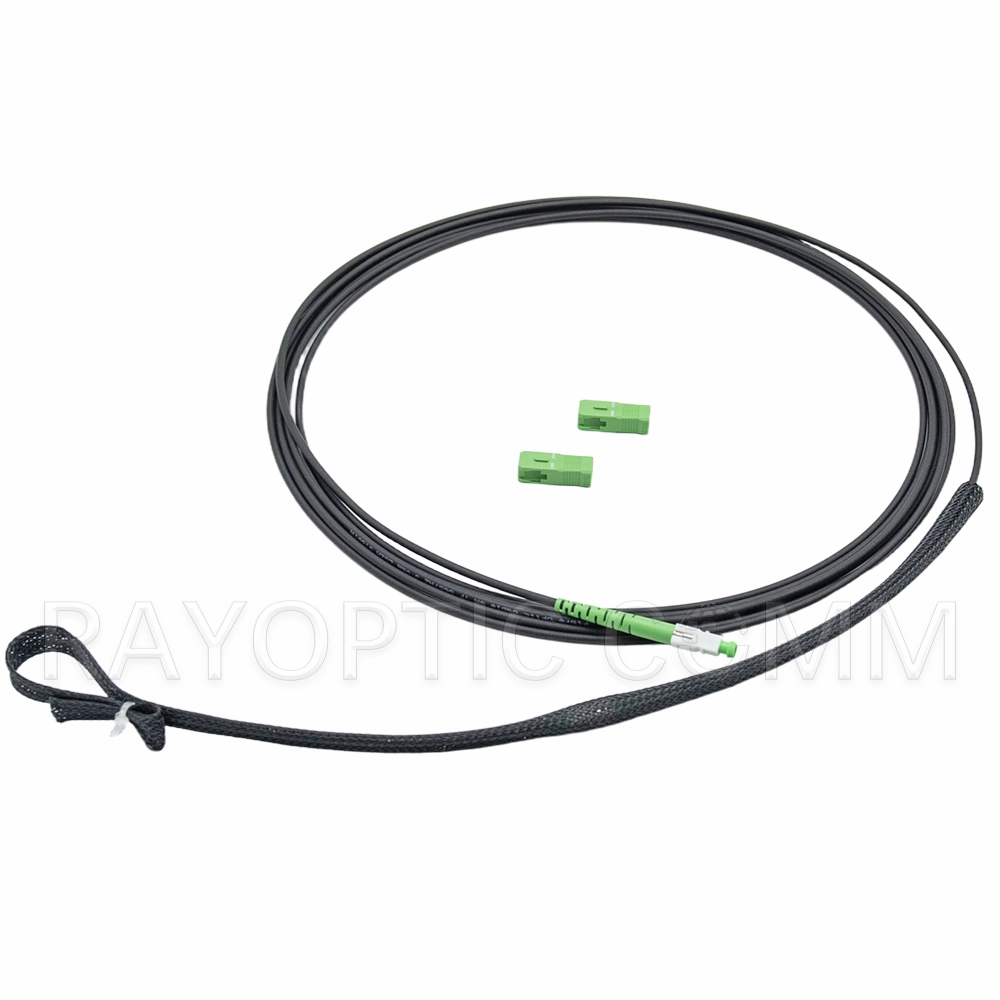 FTTH pre-terminated SC/APC 3.0mm ruggedized drop cable with pulling eye and protective caps for broadband installation.