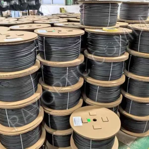 FHD-H01C flat dielectric OptiTap to stub fiber drop cables on cardboard reels at Rayoptic factory