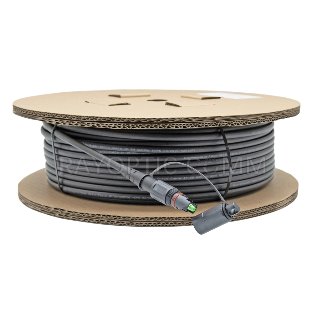 OptiTap to Stub Dielectric Flat Drop Cable on cardboard reel with pre-terminated hardened SC/APC connector