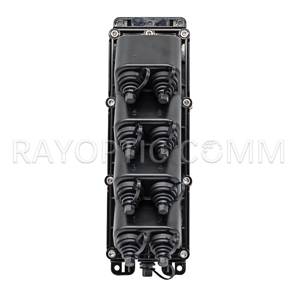 MST Terminal 8 Port vertical front view with Optitap connectors for outdoor FTTH installation.