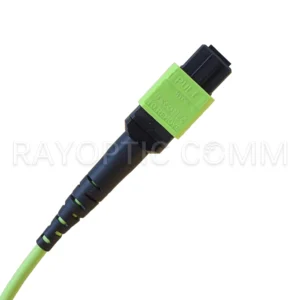 Close-up of MTP-12 UPC female connector on OM5 OFNP Type B lime green patch cable