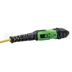 Close up of MPO PLUS EZ Way MPO 8 APC female connector on 72 fiber SM G657A2 OFNP trunk cable