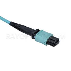 End view of Senko SLL MPO12 UPC female connector OM4 OFNP aqua patch cable Type B