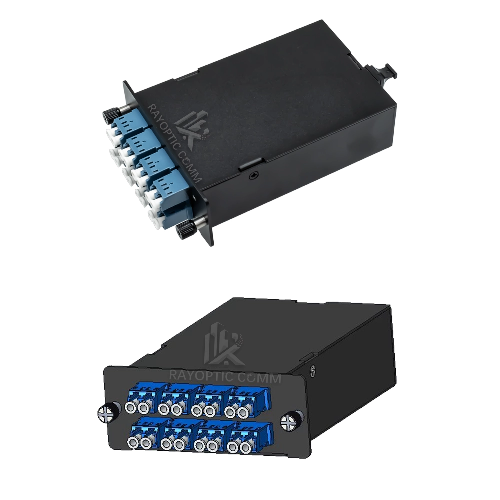 Each 16-fiber cassette converts one MTP/MPO-16 backbone connection into LC duplex ports.
