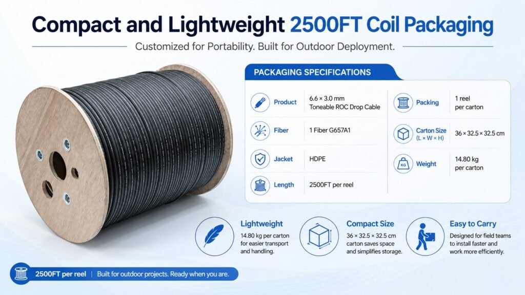 Compact and lightweight 2500FT coil packaging for toneable ROC drop cable
