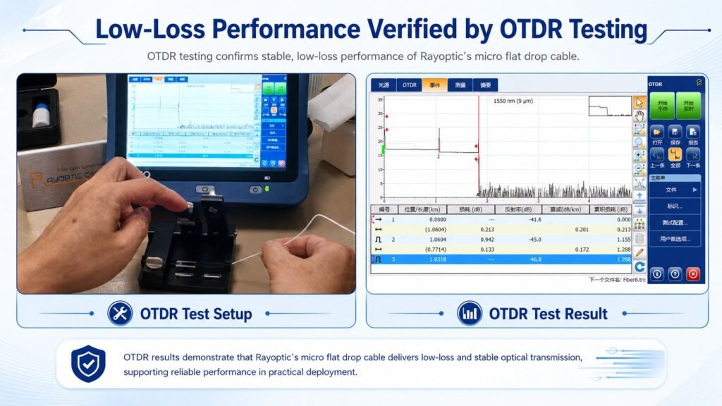 ROC flat drop cable low-loss performance verified by OTDR testing