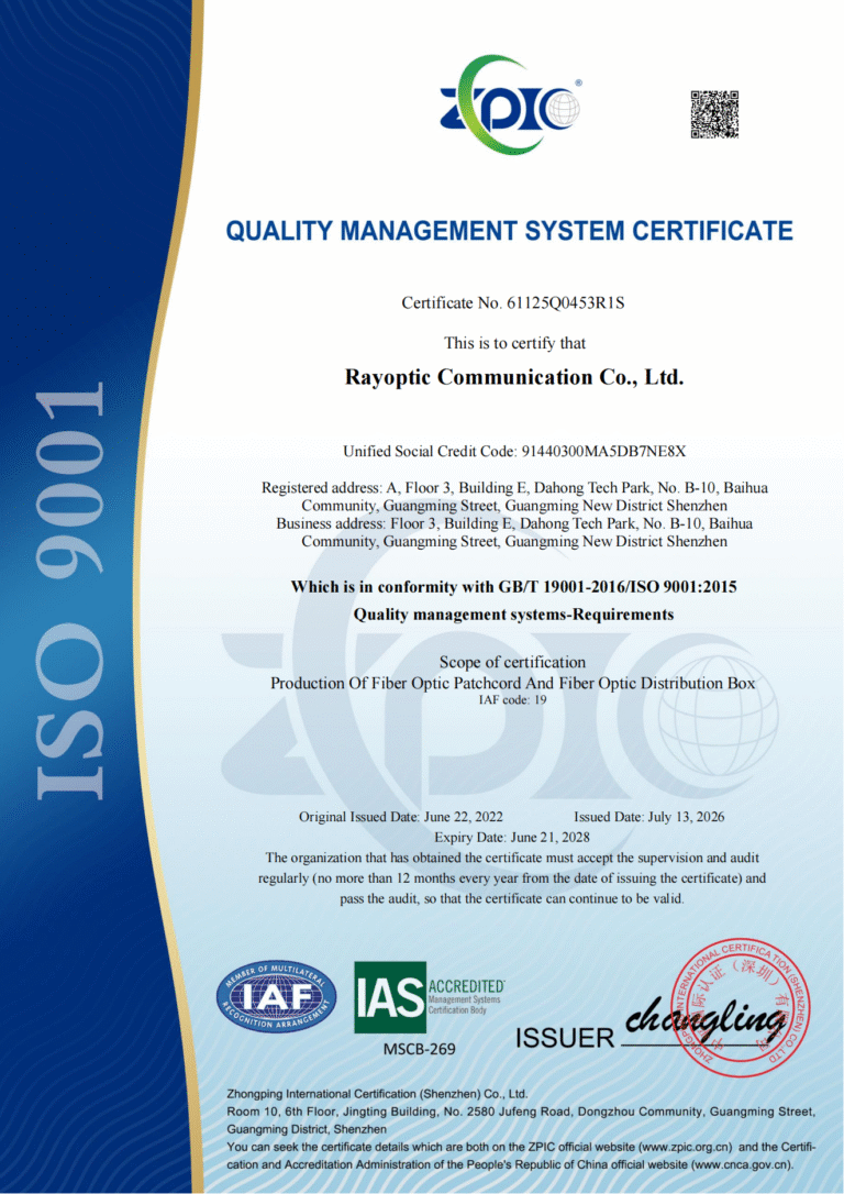 Rayoptic ISO 9001:2015 Quality Management System Certificate