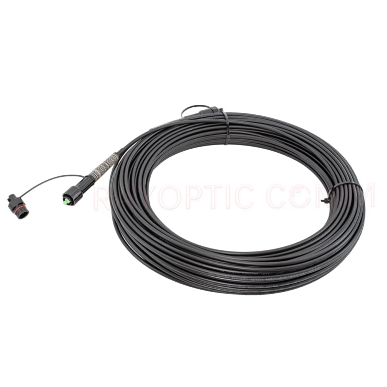 Coiled FTTH ODN distribution cable with exposed Mini SC/APC connector and protective dust cap